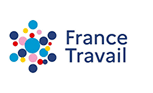 Logo France Travail: une étoile multicolore de points bleus, roses, jaunes et rouges, juxtaposée au texte 'France Travail'.