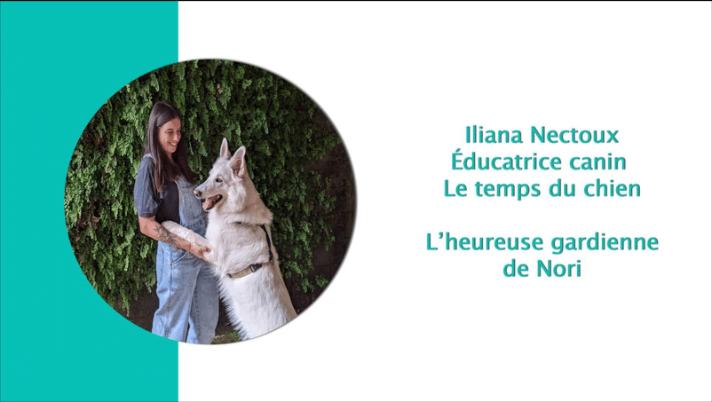 Iliana Nectoux, éducatrice canin, souriante avec Nori, son grand chien blanc, patte sur son bras. Texte: Le temps du chien.