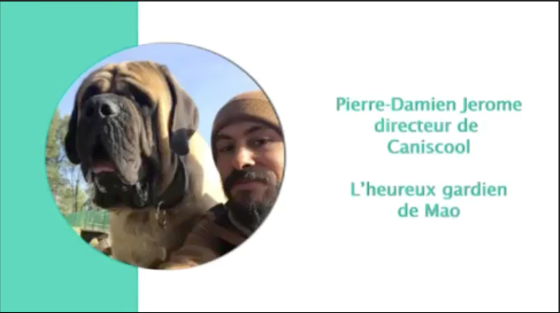 Pierre-Damien Jerome, directeur de Caniscool et heureux gardien de son grand chien Mao, souriant avec lui.